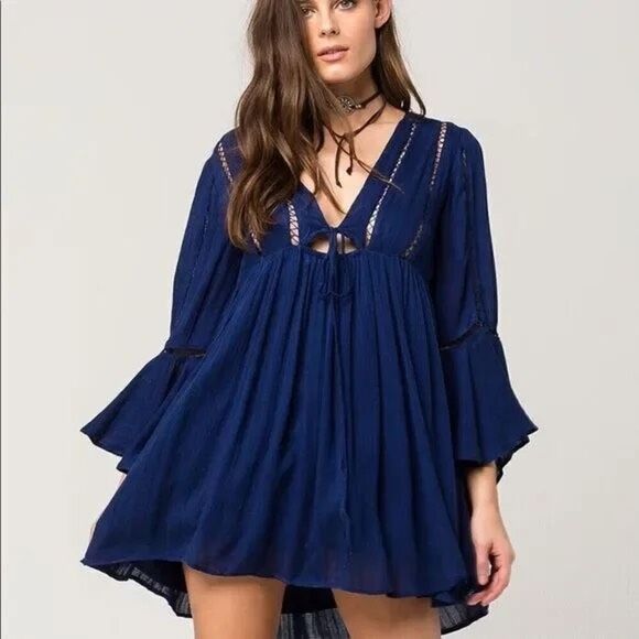 Free People Women Romeo Navy Blue Ladder Trim Boho Mini Dress SP - Picture 1 of 14
